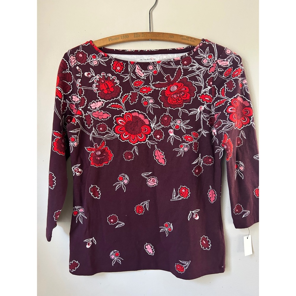 NWT Talbots Petite Floral Print Boat Neck 3/4 Sleeve Casual Top Women's P